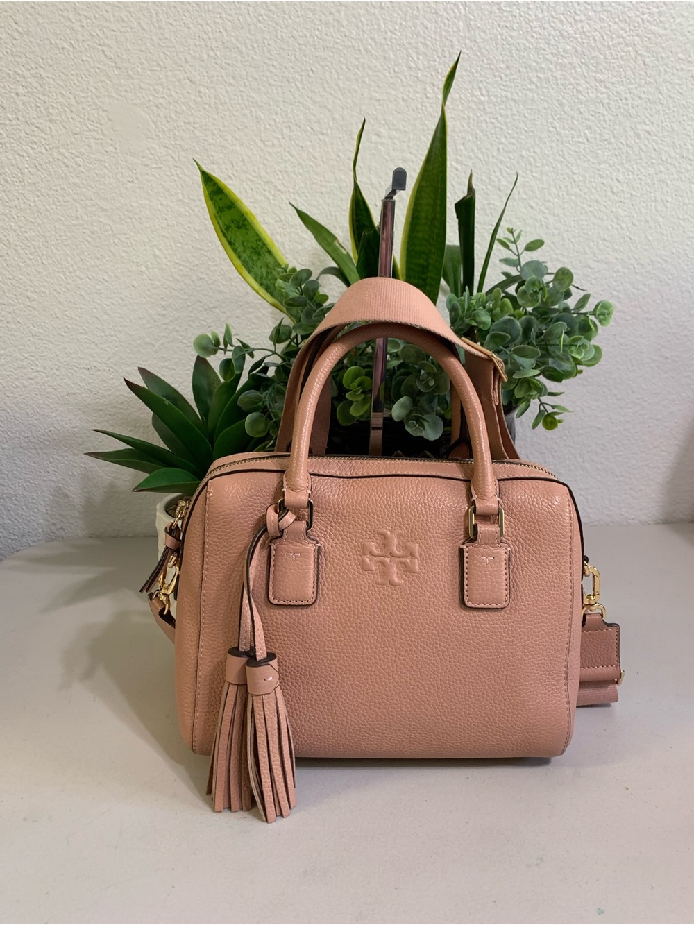👜💕 Tory Burch Blush Pink Pebbled Leather Satchel with Tassel